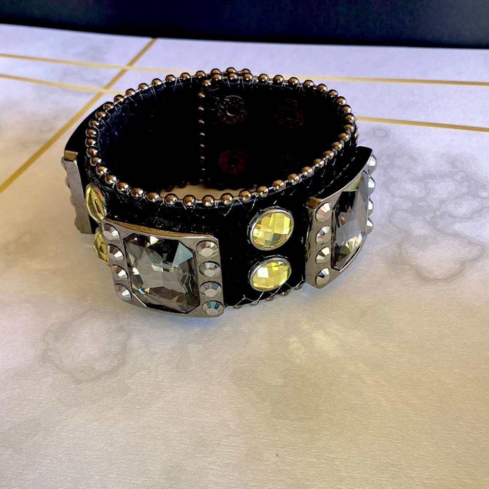 Leather Rhinestone and Pony Hair Leather Bangle Cuff Bracelet